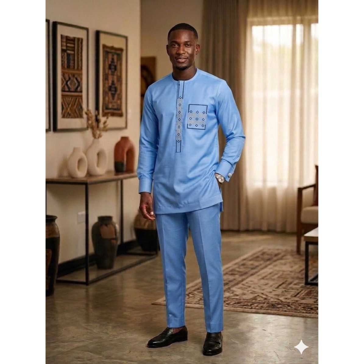 Tunique homme élégante bleu, tenue traditionnelle chic, coton polyester