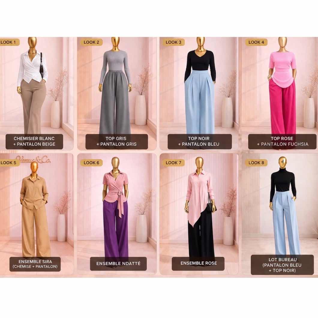 Tenue élégante femme : ensemble pantalon large et chemisier chic, toutes couleurs