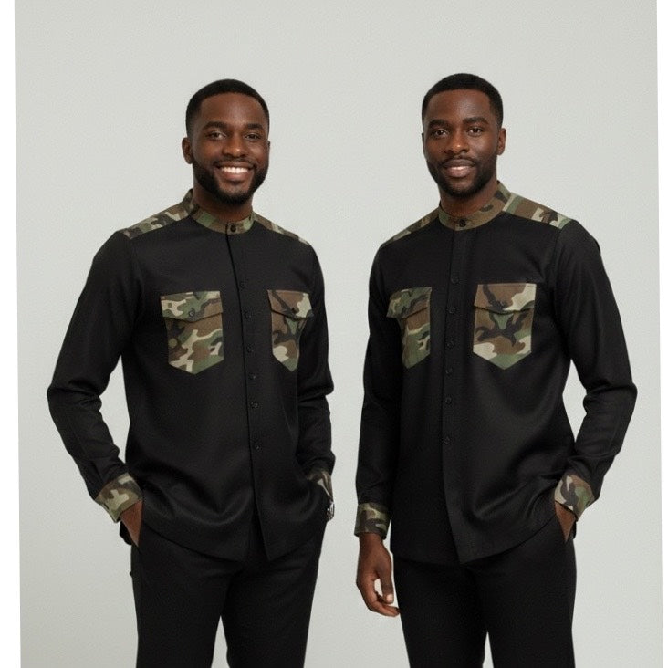 Chemise homme avec poche rabat et motifs militaires