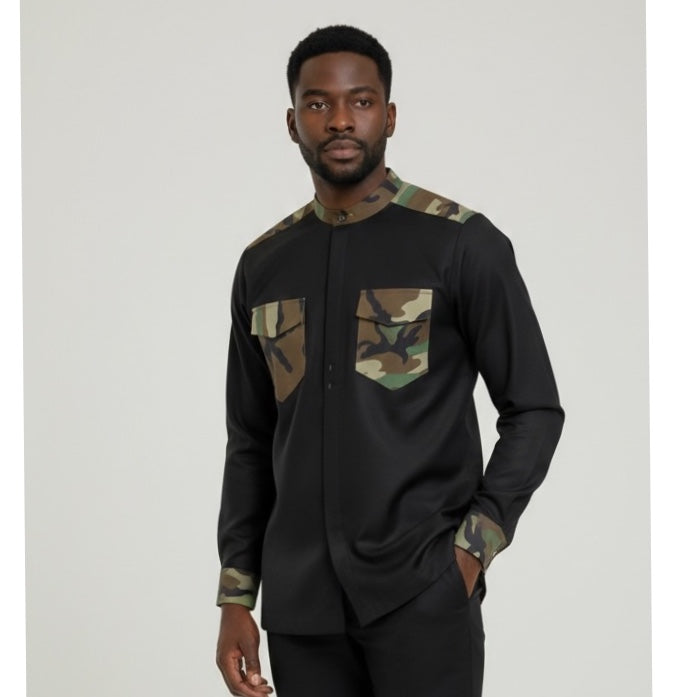 Chemise homme avec poche rabat et motifs militaires