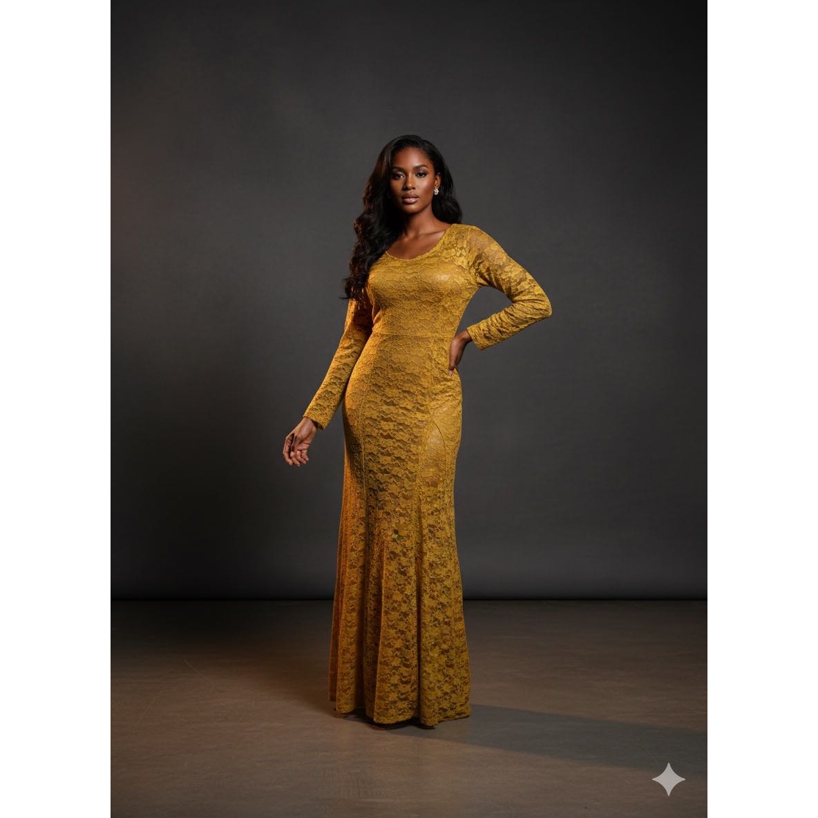 Robe dentelle jaune or longue élégante femme soirée cérémonie chic
