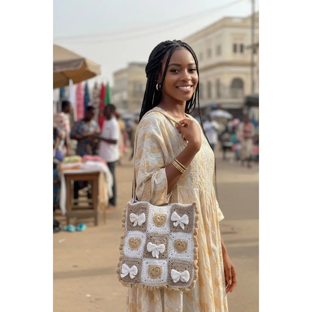 Sac crochet beige et blanc à cœurs