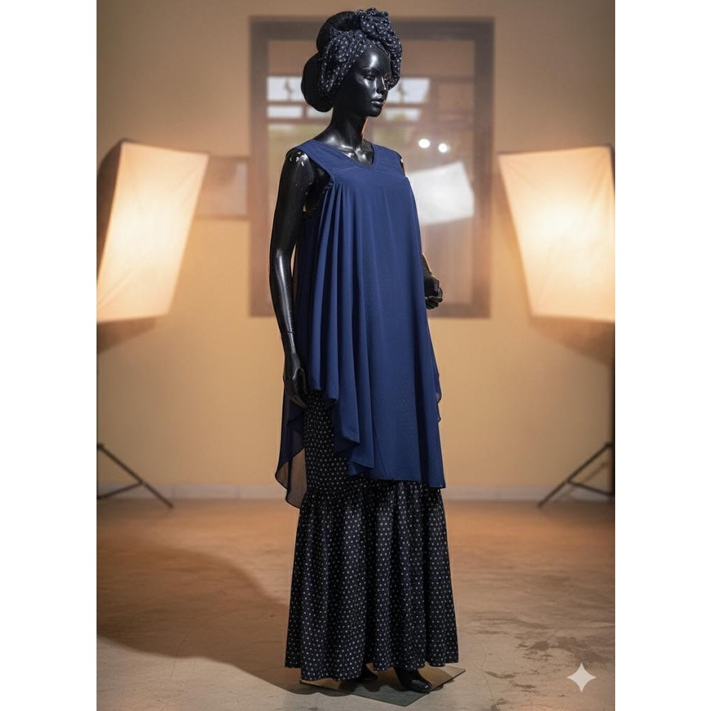 Ensemble jupe et haut femme chic bleu marine, coton et chiffon avec turban