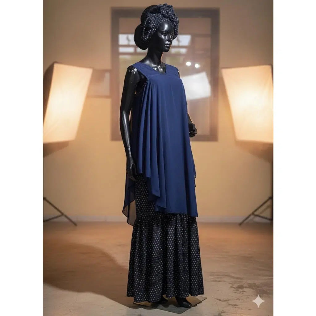 Ensemble jupe et haut femme chic bleu marine, coton et chiffon avec turban