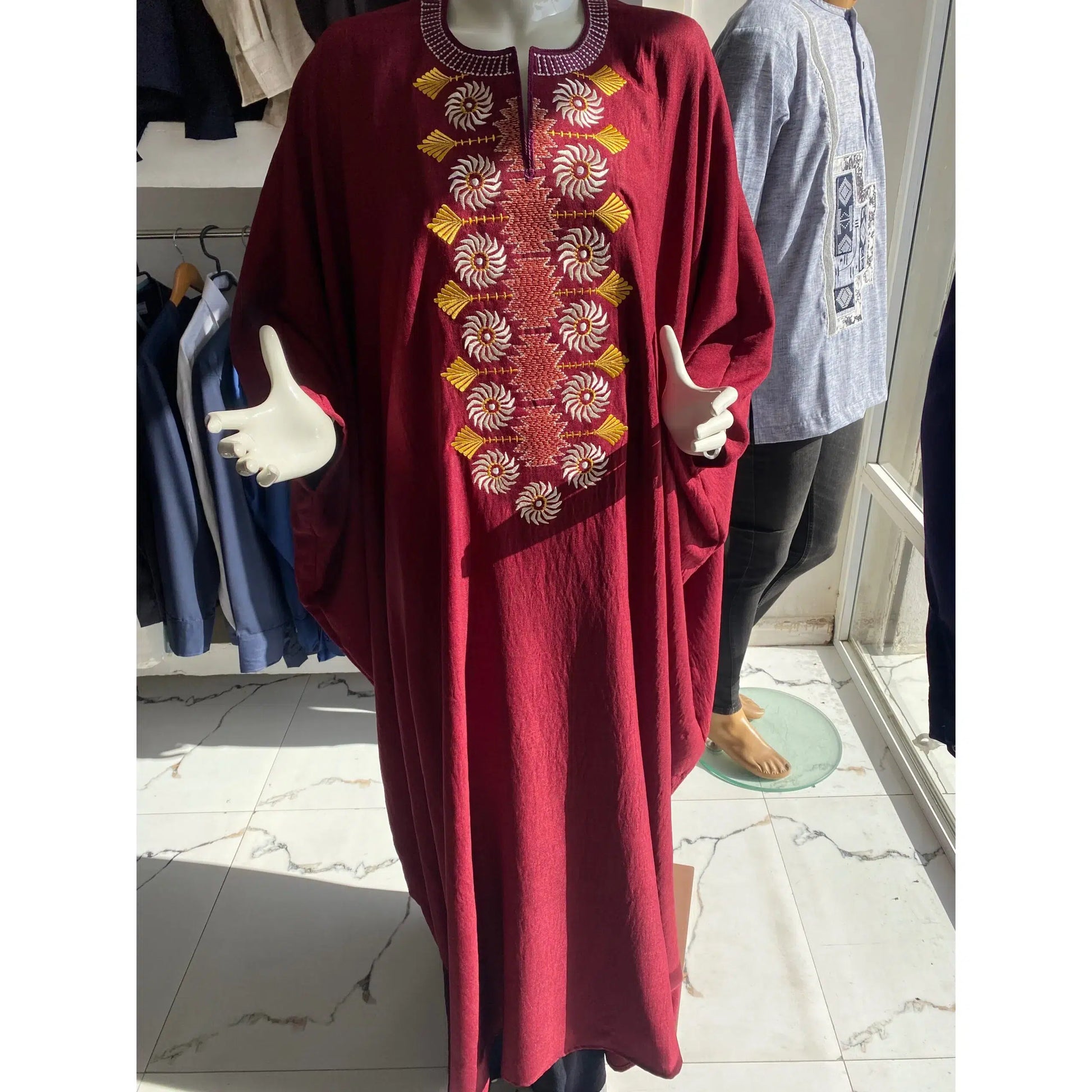 Boubou coton rouge femme – Tunique longue broderie chic cérémonie élégante