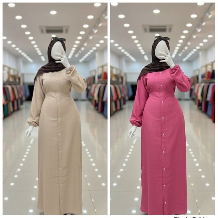 Robe longue beige femme élégante et ensemble pantalon chemise moderne