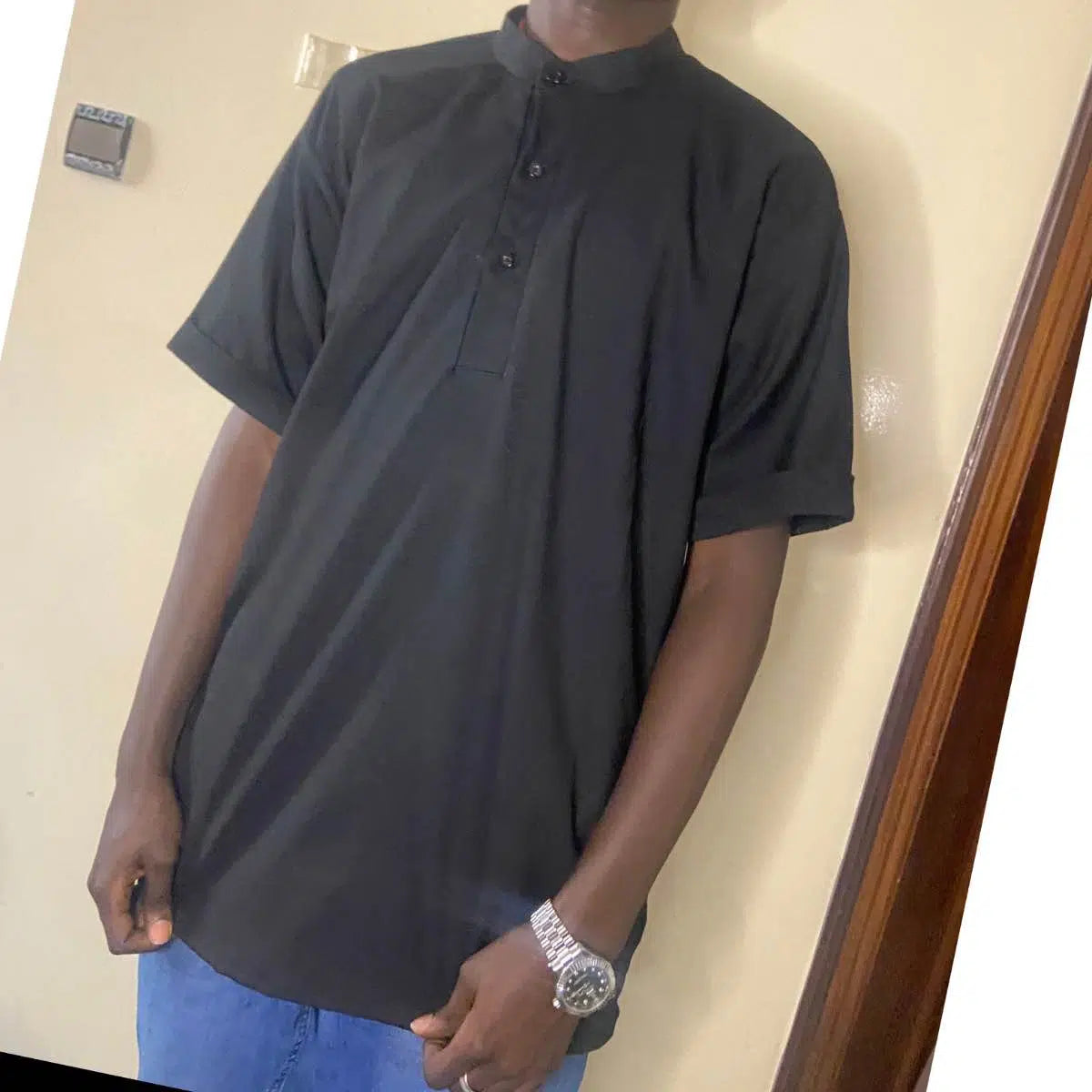 Chemise homme noire col mao, manches courtes