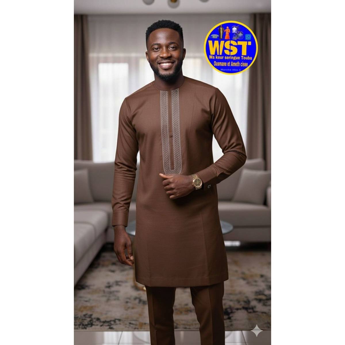 Tunique homme élégante bleu, tenue traditionnelle chic, coton polyester