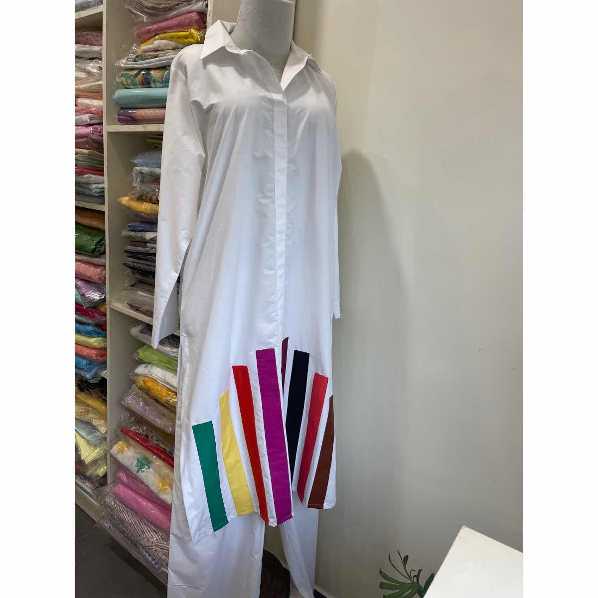 Robe blanche femme élégante ensemble bas large et haut chic XL