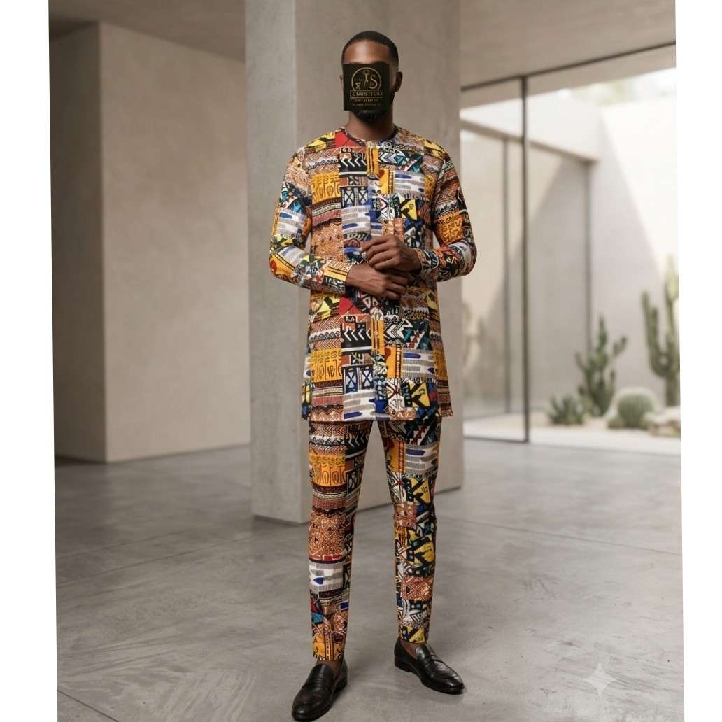 Ensemble homme africain à rayures en coton