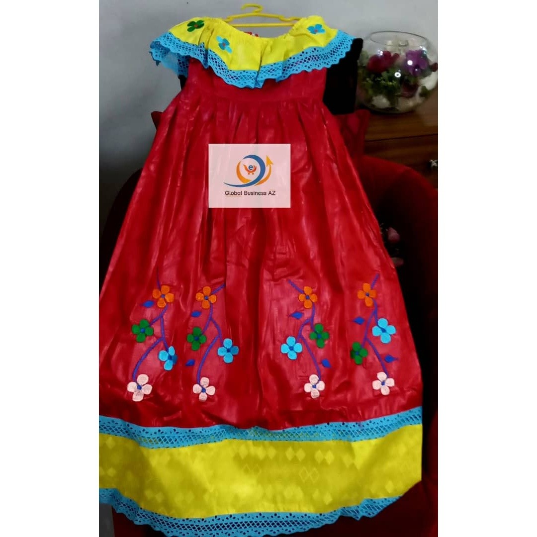 Robe enfant fille rouge jaune bazin riche brodée