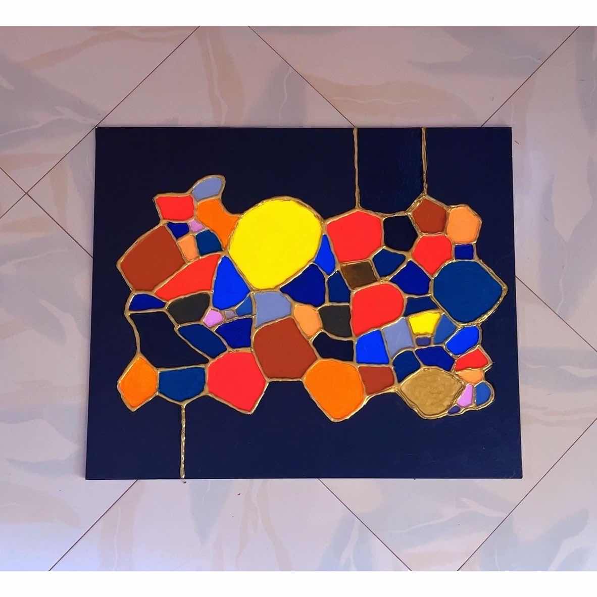 Tableau Abstrait Multicolore sur Fond Bleu Nuit