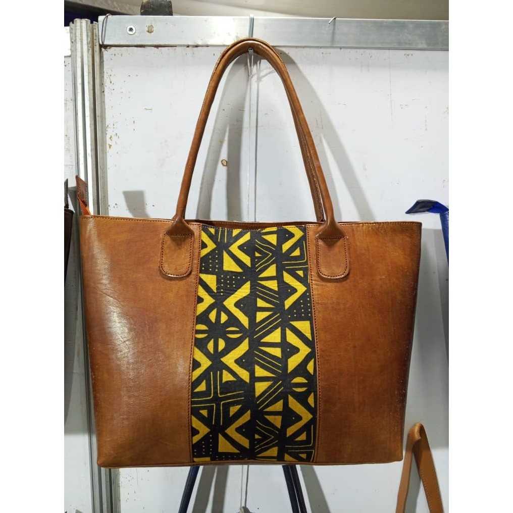 Sac cabas en cuir femme avec motif géométrique wax