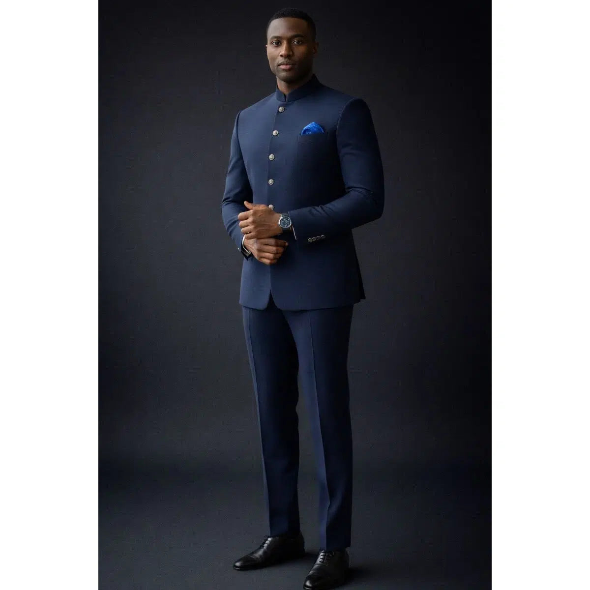 Costume africain homme bleu marine col officier élégant cérémonie mariages