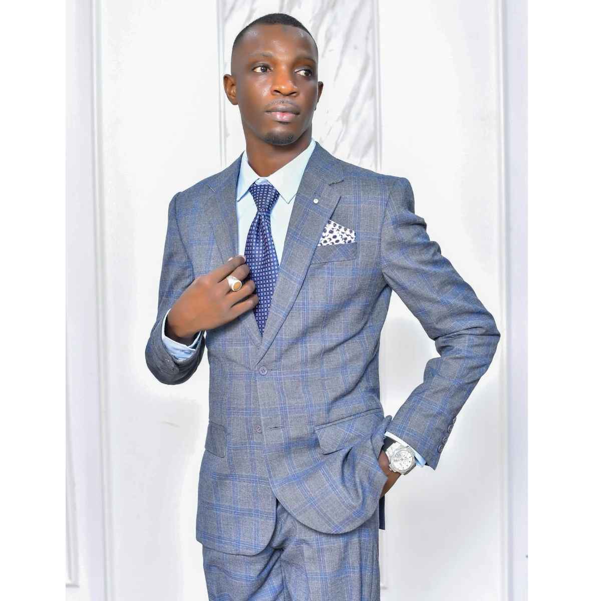 Costume homme élégant gris à carreaux bleus sur mesure, ensemble slim fit
