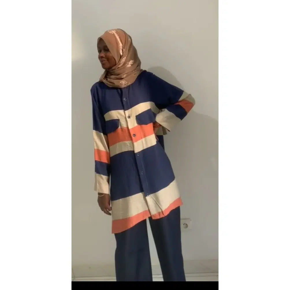 Ensemble lin femme multicolore chemise longue et pantalon