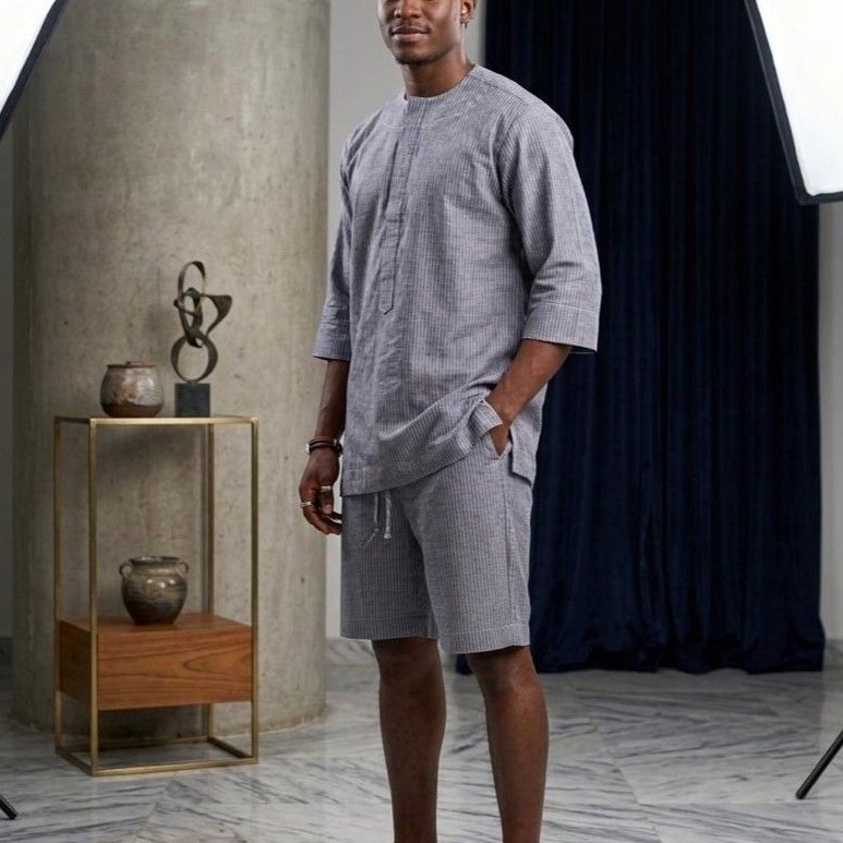 Ensemble chemise et short homme bleu coton lin, tenue été décontractée