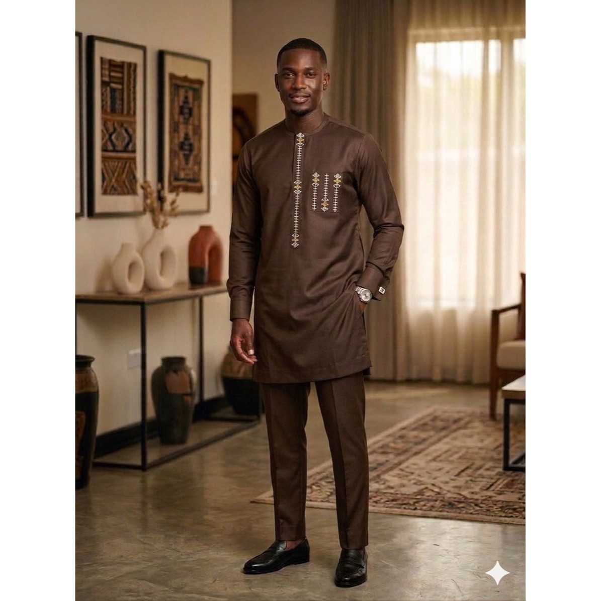 Tunique homme élégante bleu, tenue traditionnelle chic, coton polyester