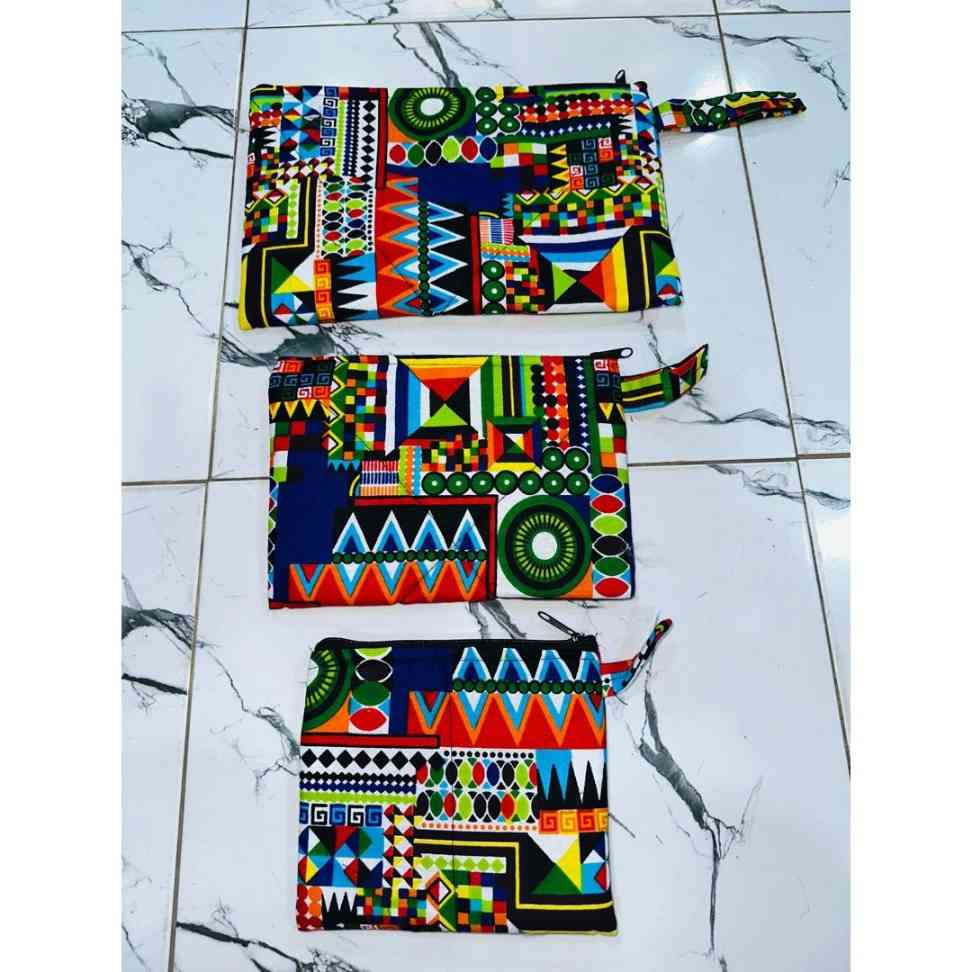 Sac pochette géométrique bleu rouge orange, pochette motif africain femme