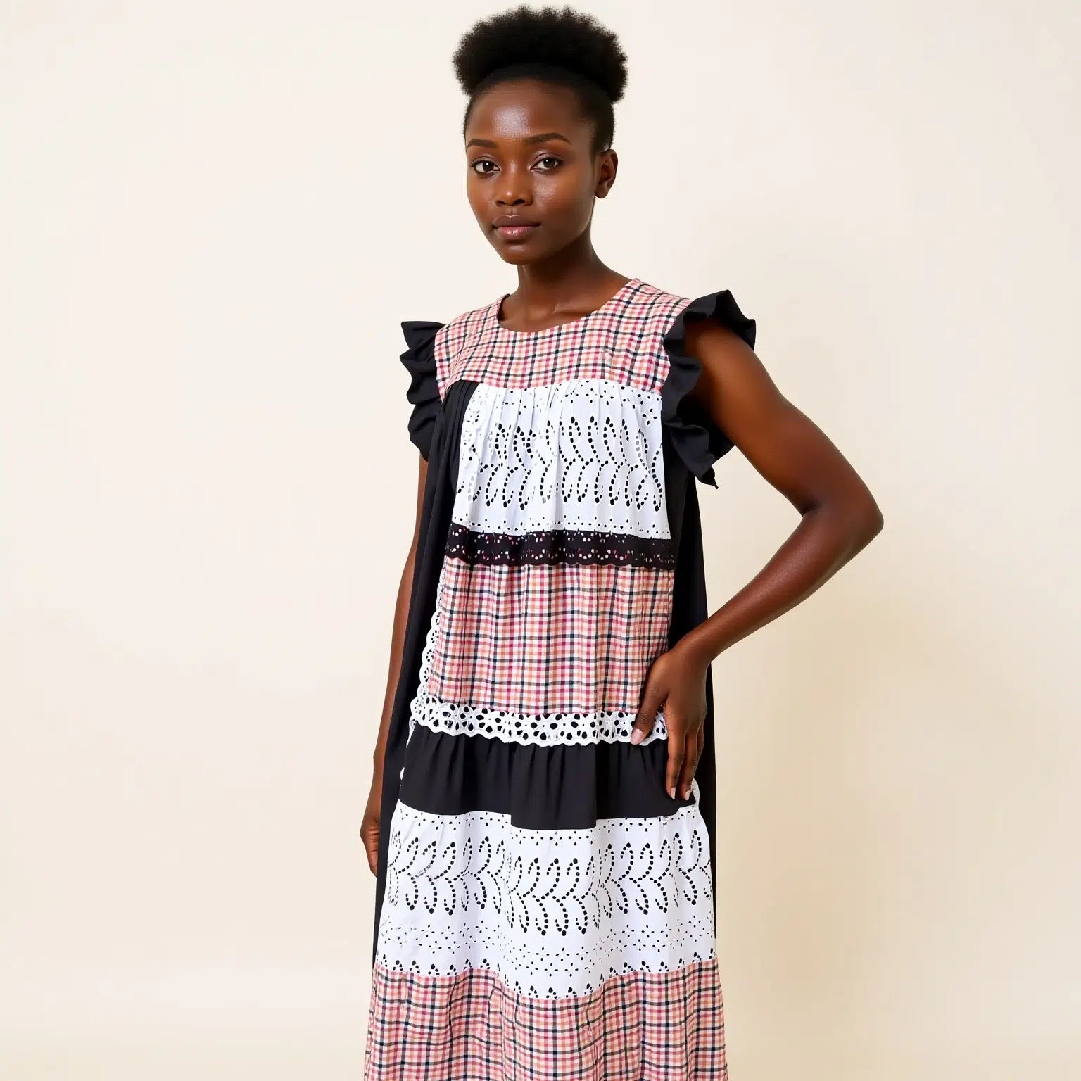 Robe bohème chic longue en lin avec patchwork en carreaux rouge blanc