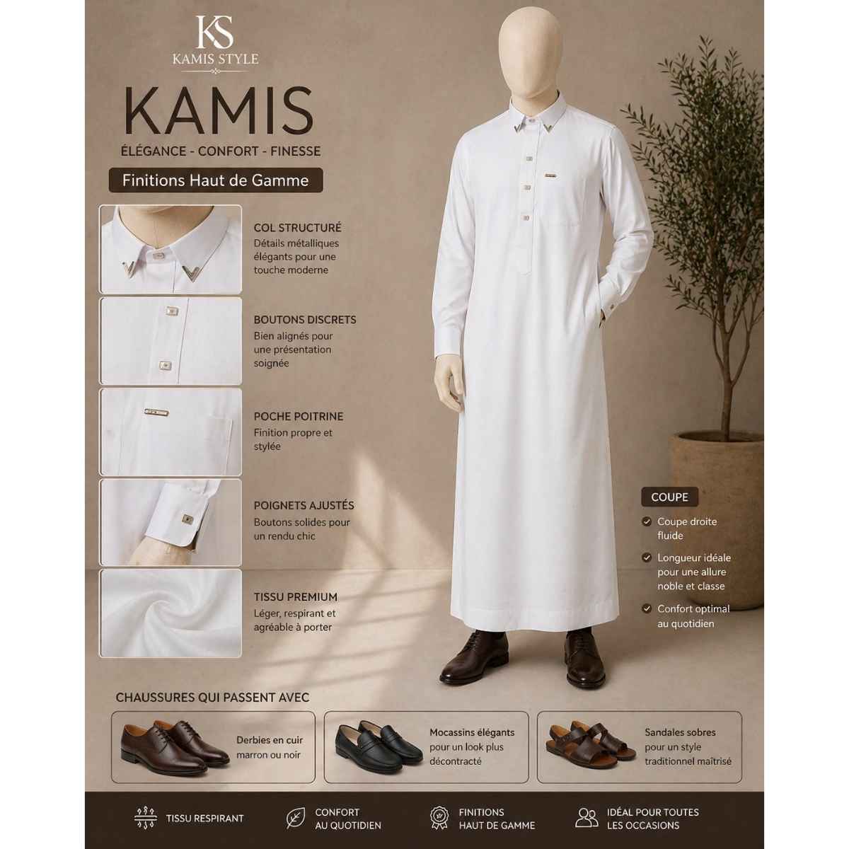 Chemise traditionnelle homme en lin blanc El Hadj élégante et confortable