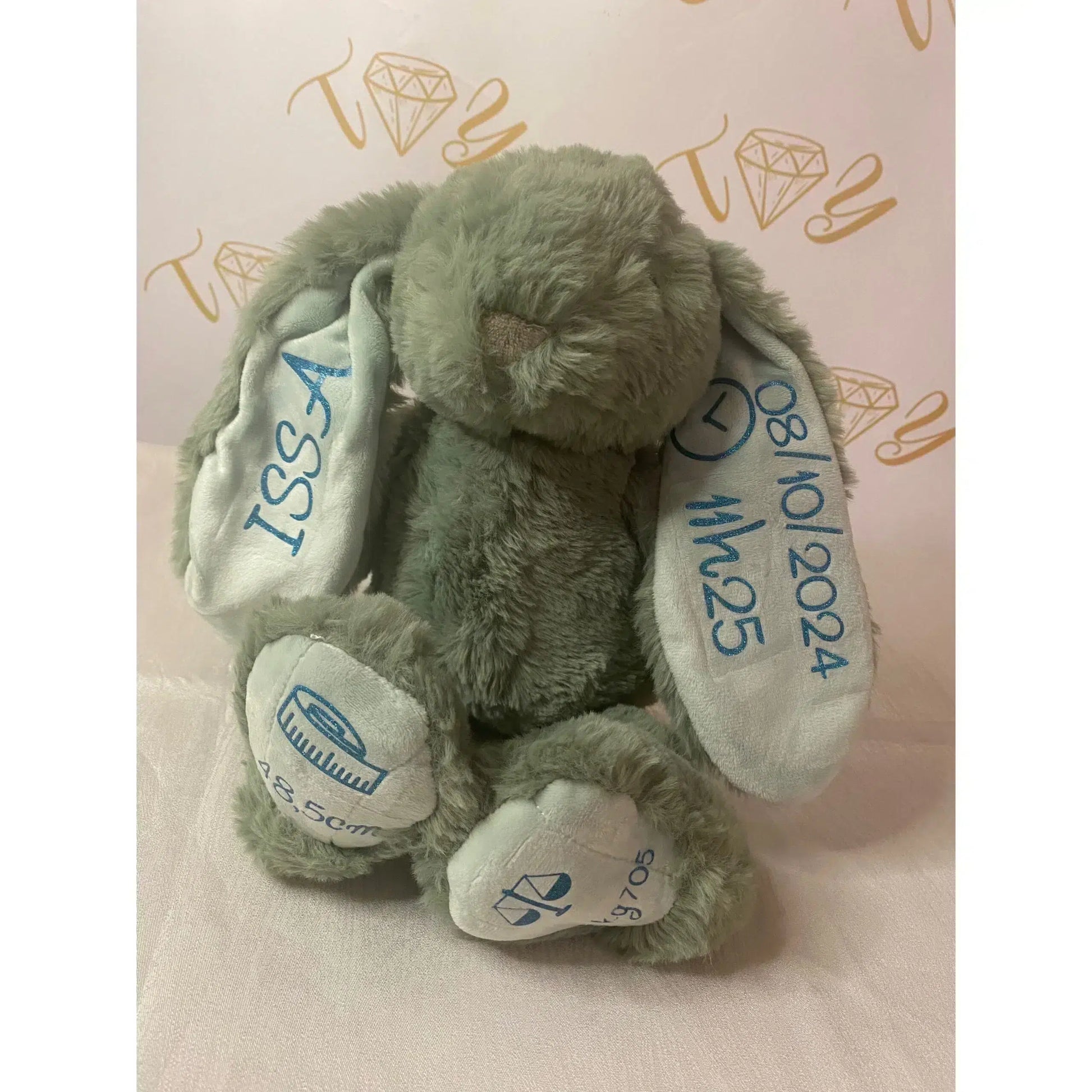 Peluche Lapin Ultra Douce Vert Sauge - Cadeau Naissance Personnalisé