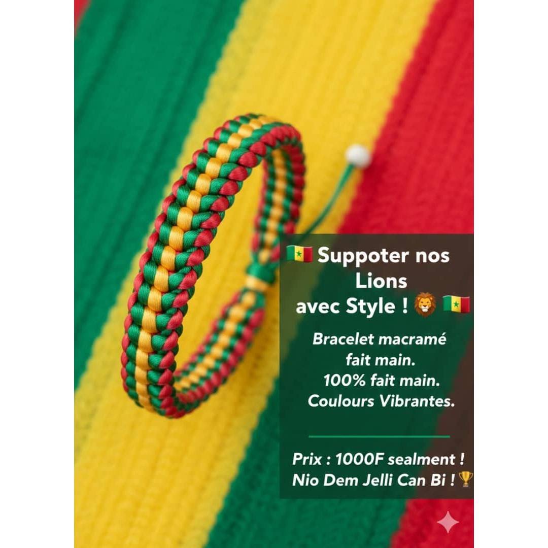 Bracelet macramé fait main vert jaune rouge, bijou artisanal sénégalais