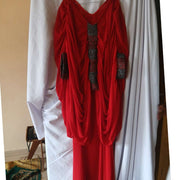 Ensemble femme crepe rouge et pagne tissé élégant, tenue cérémonie chic