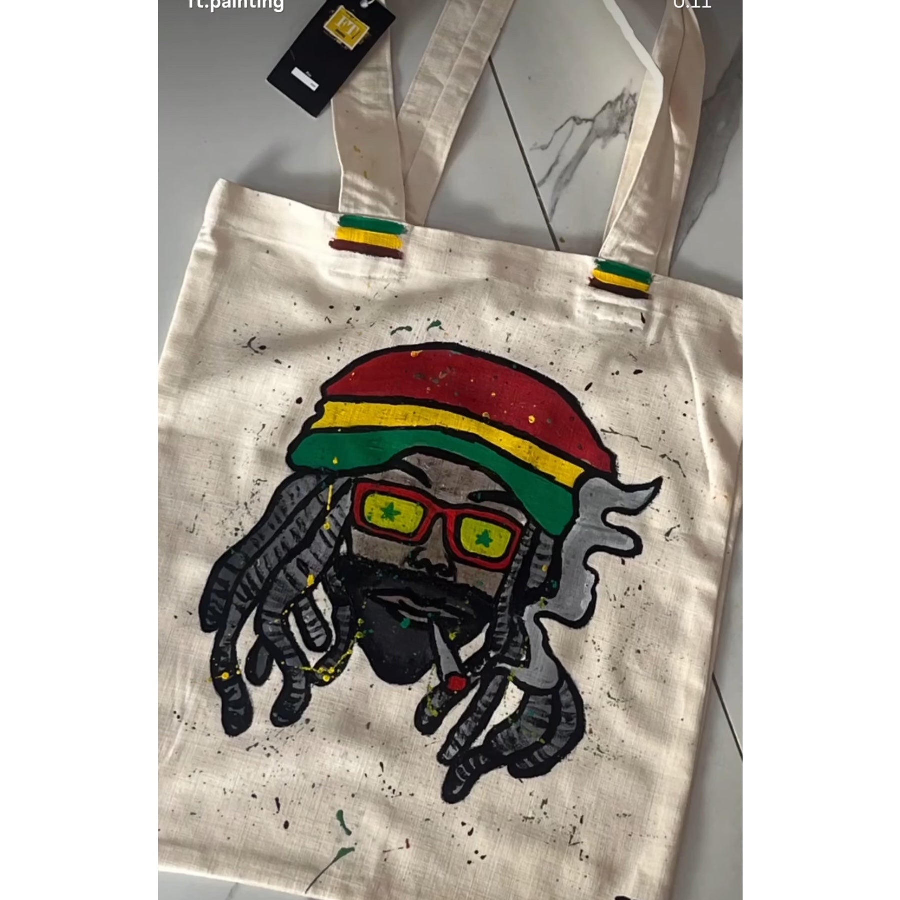 Tote bag peint à la main portrait rasta