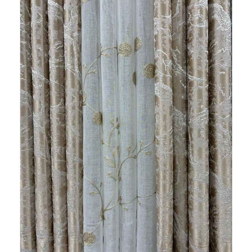 Rideau trois pieces jacquard beige et blanc, élégant brodé doré salon