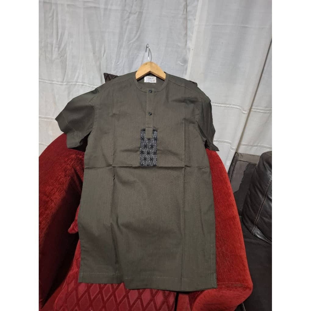 Chemise homme coton marron foncé col mao pagne tissé avec manches longues