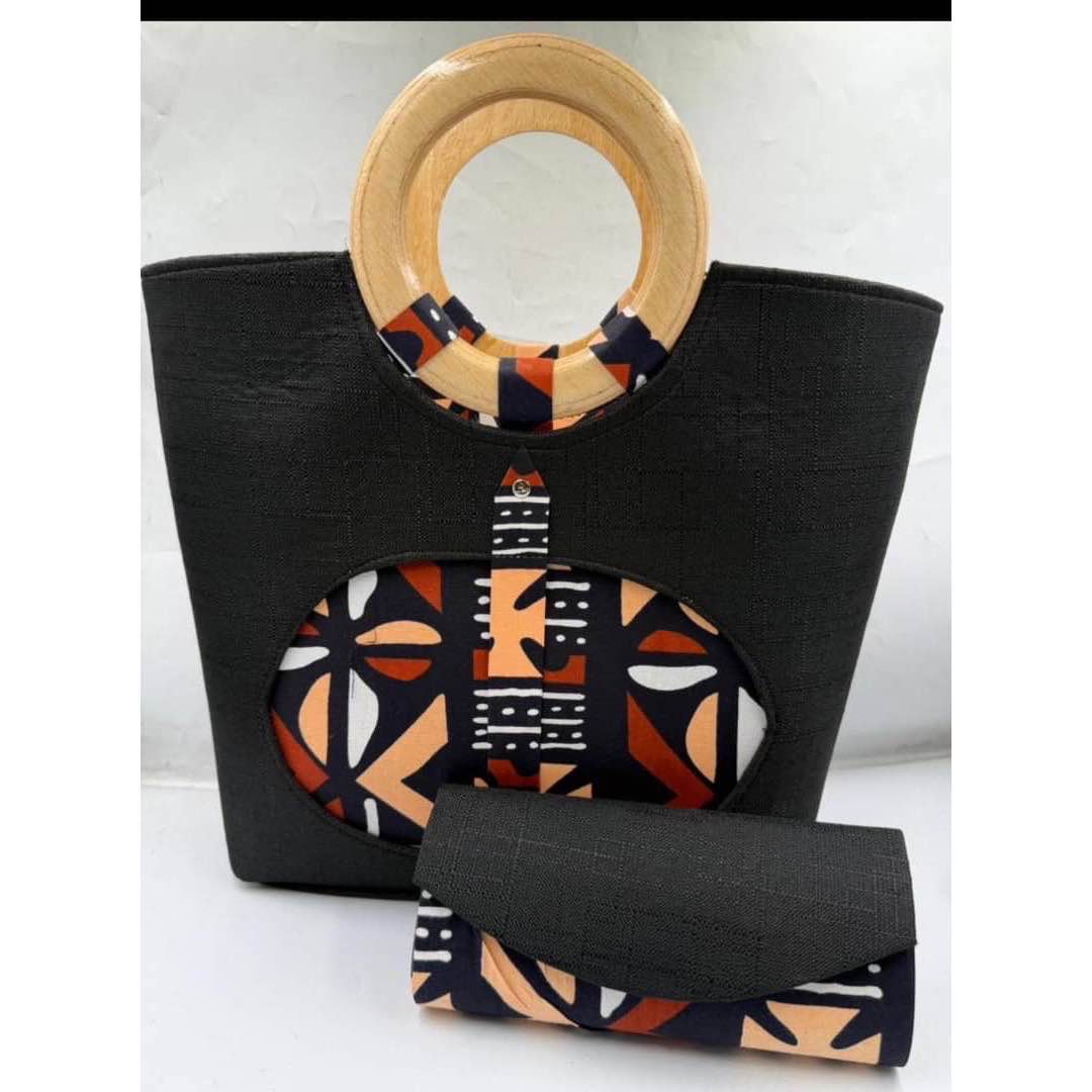 Sac à main noir et blanc motifs géométriques avec portefeuille assorti